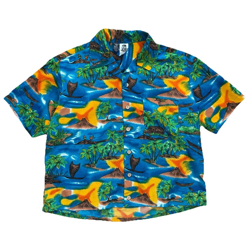 Vintage Kennington Hawaiian Button Shirt Polyester Size L Blue Tropical